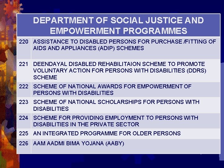 DEPARTMENT OF SOCIAL JUSTICE AND EMPOWERMENT PROGRAMMES 220 ASSISTANCE TO DISABLED PERSONS FOR PURCHASE