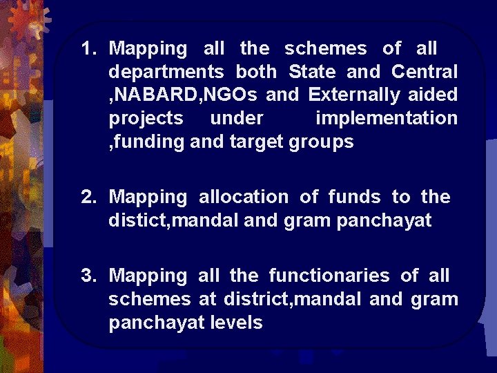 METHODOLGY 1. Mapping all the schemes of all departments both State and Central ,