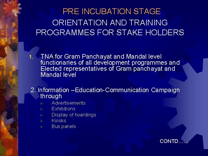 PRE INCUBATION STAGE ORIENTATION AND TRAINING PROGRAMMES FOR STAKE HOLDERS 1. TNA for Gram