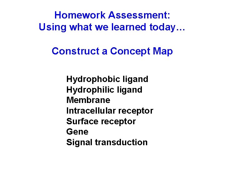 Homework Assessment: Using what we learned today… Construct a Concept Map Hydrophobic ligand Hydrophilic