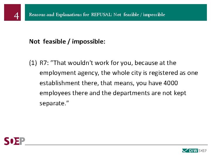 4 Reasons and Explanations for REFUSAL: Not feasible / impossible: (1) R 7: ”That