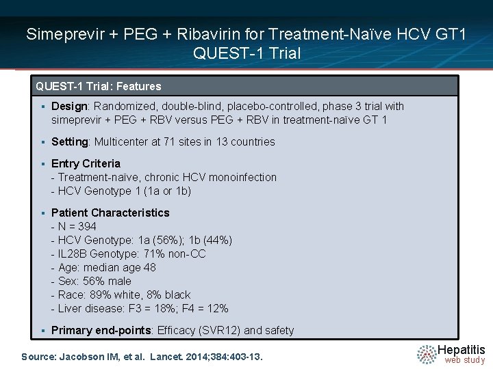 Simeprevir + PEG + Ribavirin for Treatment-Naïve HCV GT 1 QUEST-1 Trial: Features §