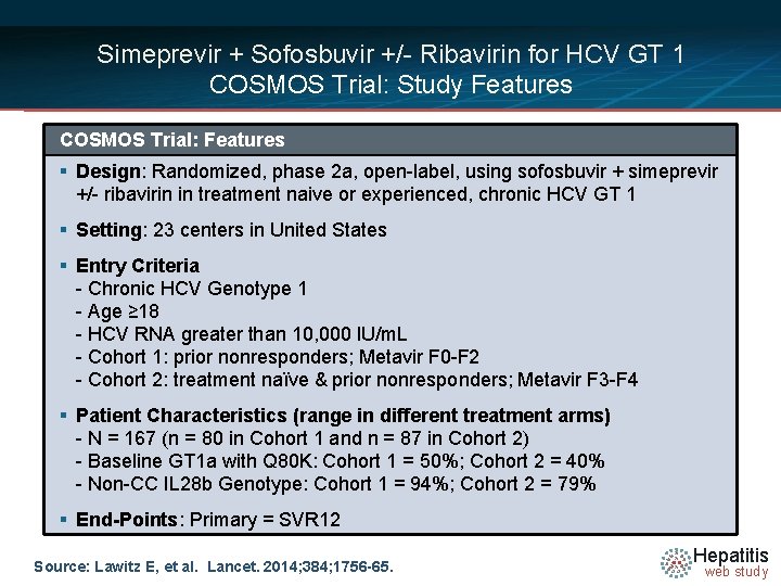 Simeprevir + Sofosbuvir +/- Ribavirin for HCV GT 1 COSMOS Trial: Study Features COSMOS