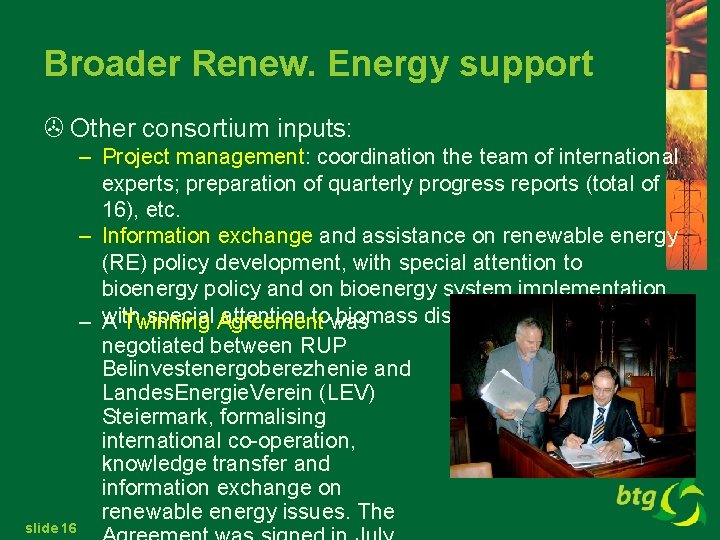 Broader Renew. Energy support > Other consortium inputs: slide 16 – Project management: coordination