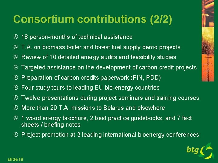 Consortium contributions (2/2) > 18 person-months of technical assistance > T. A. on biomass