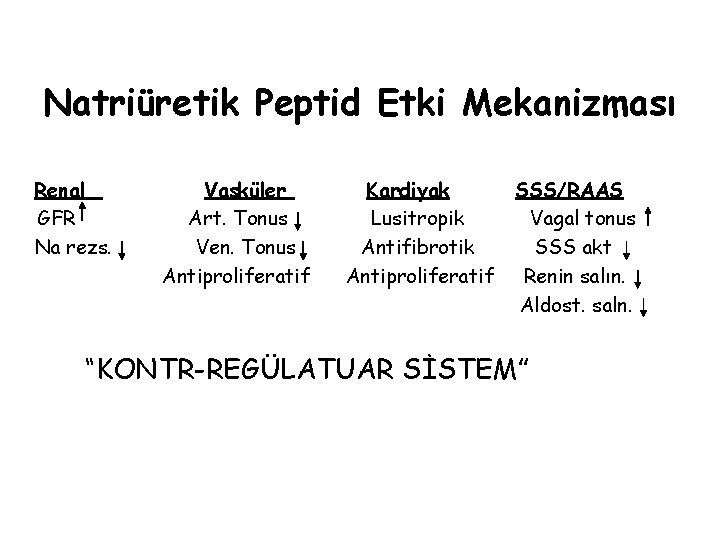 Natriüretik Peptid Etki Mekanizması Renal GFR Na rezs. Vasküler Art. Tonus Ven. Tonus Antiproliferatif