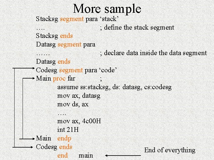 More sample Stacksg segment para ‘stack’ …. ; define the stack segment Stacksg ends More sample Stacksg segment para ‘stack’ …. ; define the stack segment Stacksg ends
