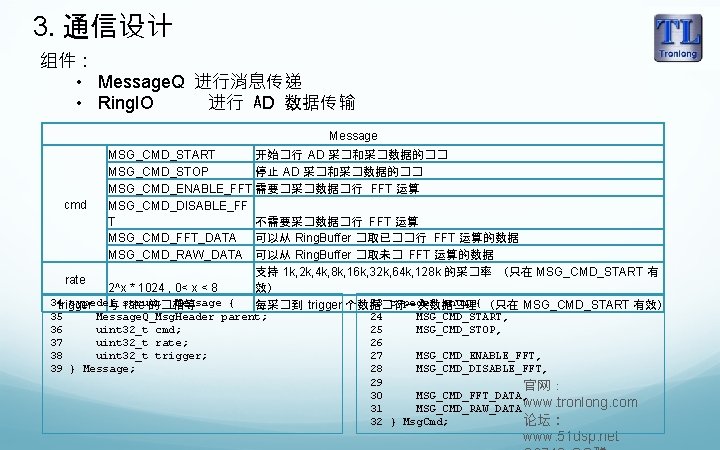 3. 通信设计 组件： • Message. Q 进行消息传递 • Ring. IO 进行 AD 数据传输 Message