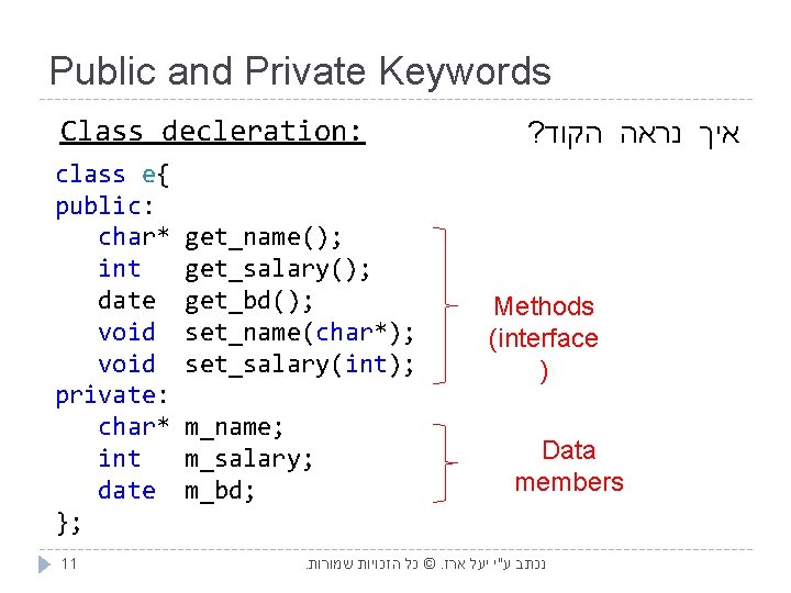 Public and Private Keywords Class decleration: class e{ public: char* int date void private: