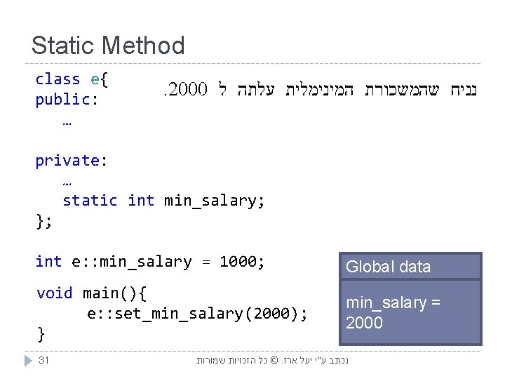 Static Method class e{. 2000 ל עלתה המינימלית שהמשכורת נניח public: … static void