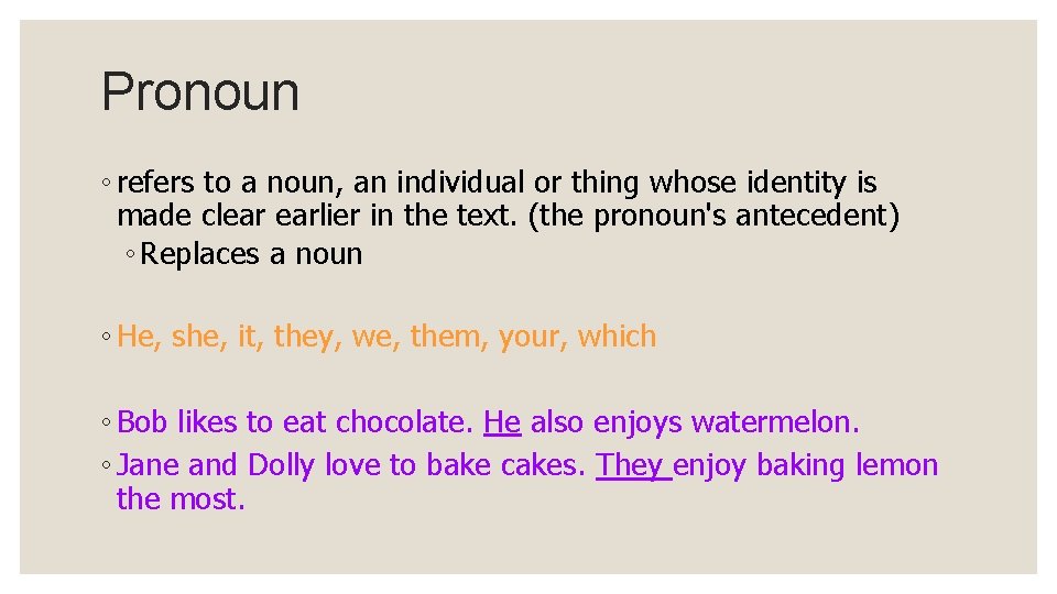Pronoun ◦ refers to a noun, an individual or thing whose identity is made