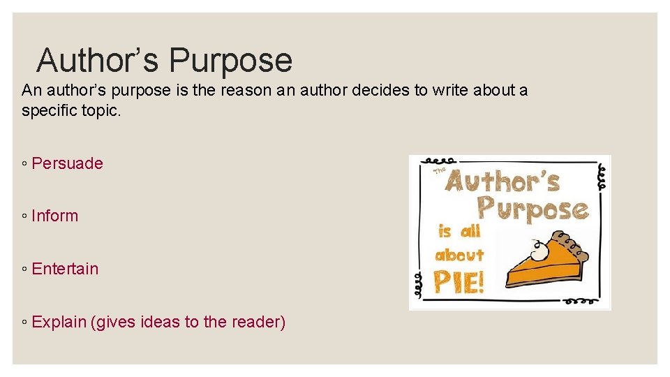 Author’s Purpose An author’s purpose is the reason an author decides to write about