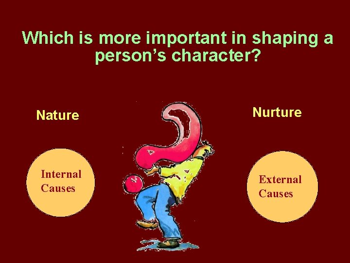 Which is more important in shaping a person’s character? Nature Nurture Internal Causes External