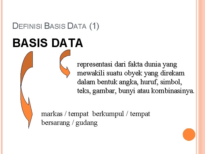 DEFINISI BASIS DATA (1) BASIS DATA representasi dari fakta dunia yang mewakili suatu obyek