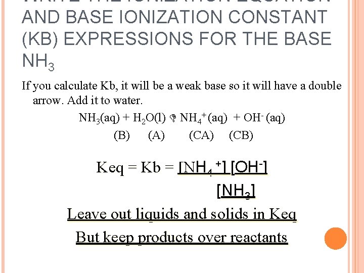 WRITE THE IONIZATION EQUATION AND BASE IONIZATION CONSTANT (KB) EXPRESSIONS FOR THE BASE NH