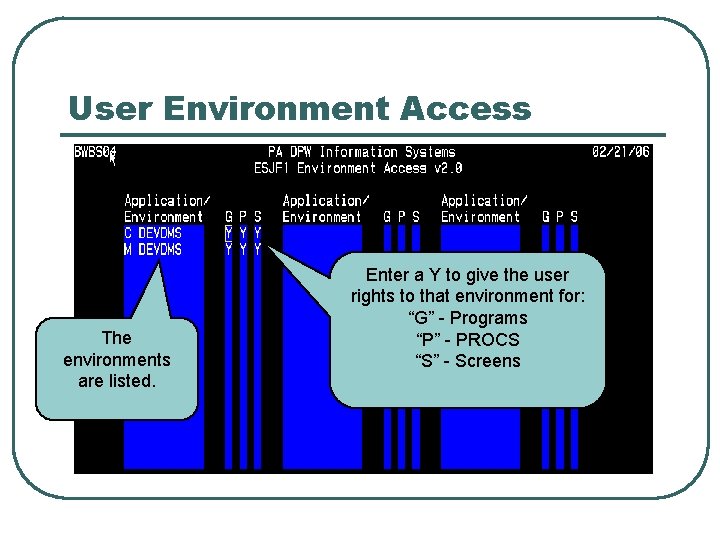 User Environment Access The environments are listed. Enter a Y to give the user