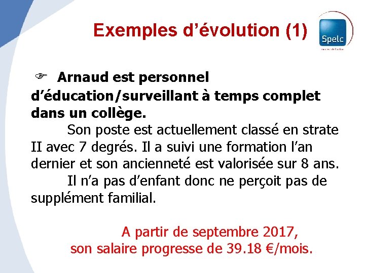 Exemples d’évolution (1) Arnaud est personnel d’éducation/surveillant à temps complet dans un collège. Son