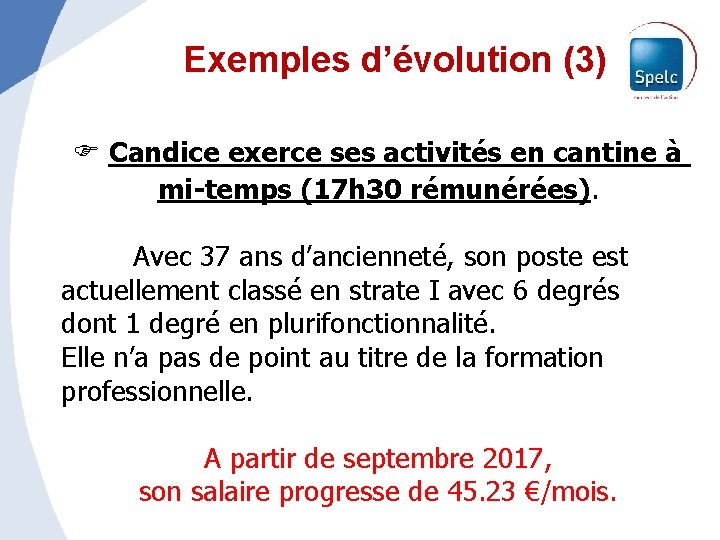 Exemples d’évolution (3) Candice exerce ses activités en cantine à mi-temps (17 h 30
