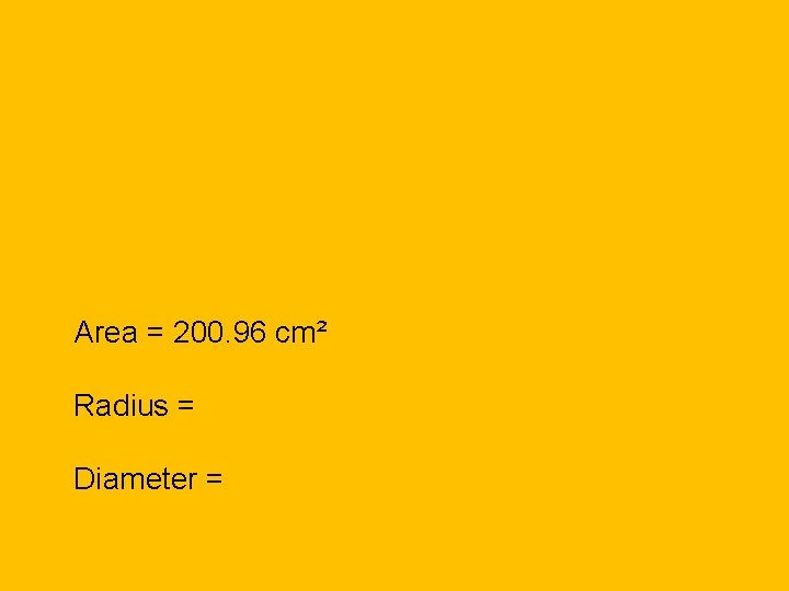 Area = 200. 96 cm² Radius = Diameter = 