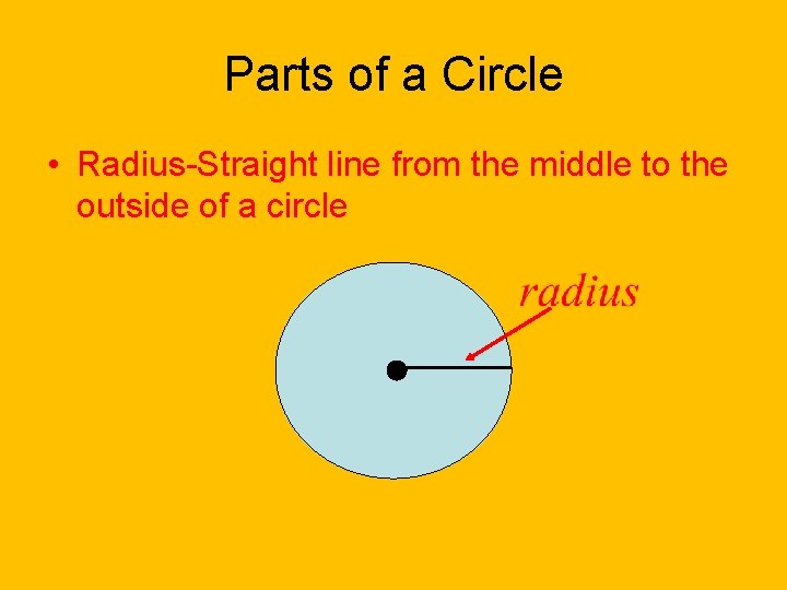 Parts of a Circle • Radius-Straight line from the middle to the outside of