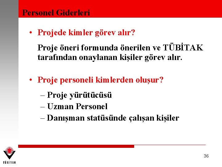 Personel Giderleri • Projede kimler görev alır? Proje öneri formunda önerilen ve TÜBİTAK tarafından