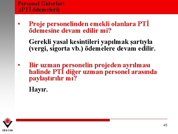 Personel Giderleri (PTİ ödemeleri) • Proje personelinden emekli olanlara PTİ ödemesine devam edilir mi?