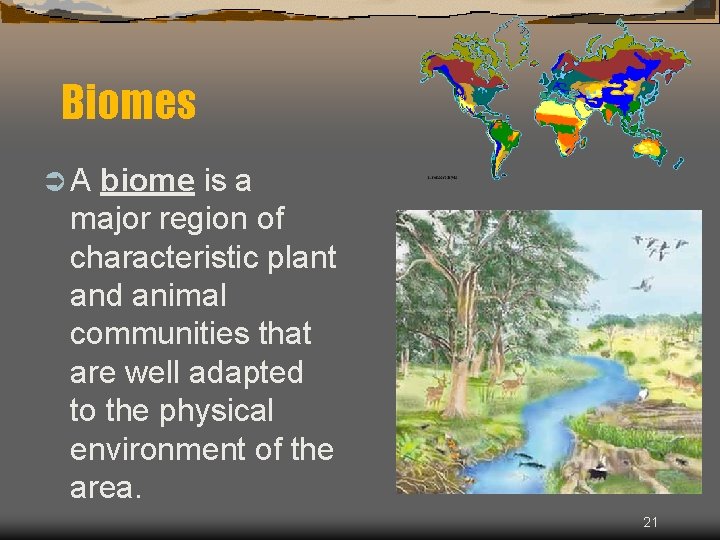 Biomes ÜA biome is a major region of characteristic plant and animal communities that