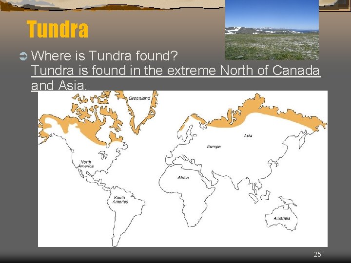 Tundra Ü Where is Tundra found? Tundra is found in the extreme North of