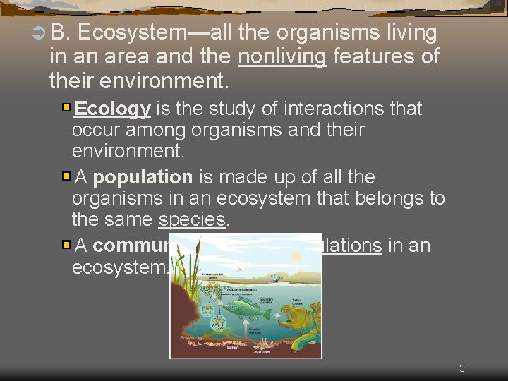 Ü B. Ecosystem—all the organisms living in an area and the nonliving features of