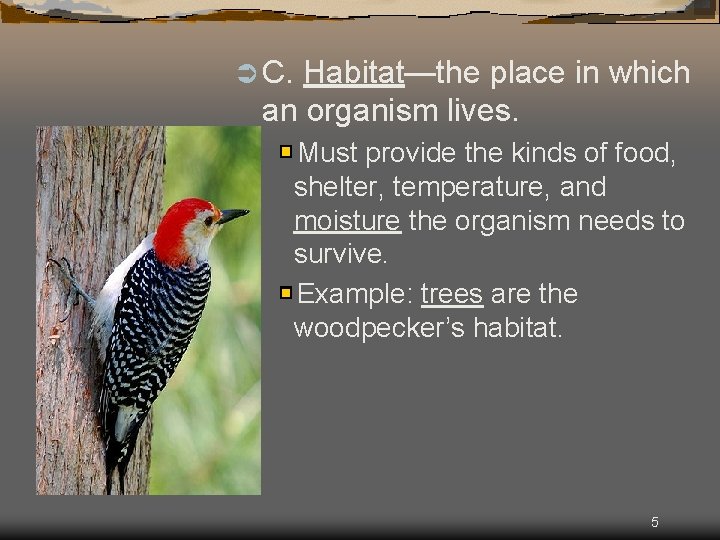 Ü C. Habitat—the place in which an organism lives. Must provide the kinds of