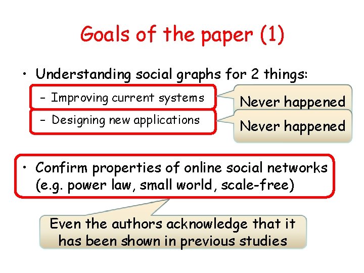 Goals of the paper (1) • Understanding social graphs for 2 things: – Improving