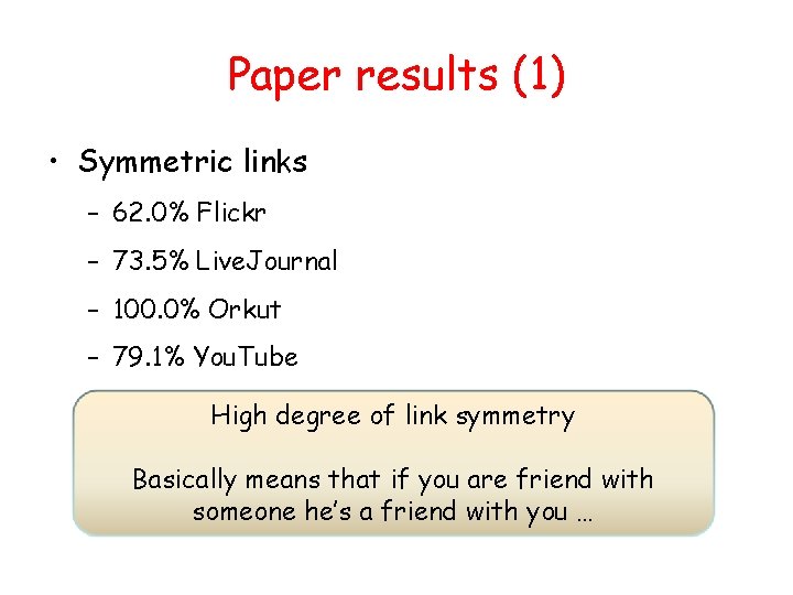 Paper results (1) • Symmetric links – 62. 0% Flickr – 73. 5% Live.