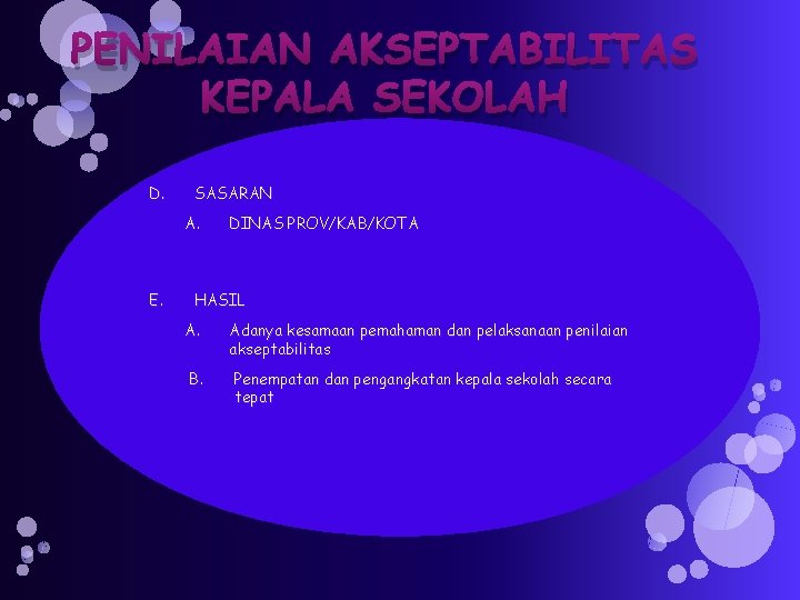 PENILAIAN AKSEPTABILITAS KEPALA SEKOLAH D. SASARAN A. E. DINAS PROV/KAB/KOTA HASIL A. B. Adanya