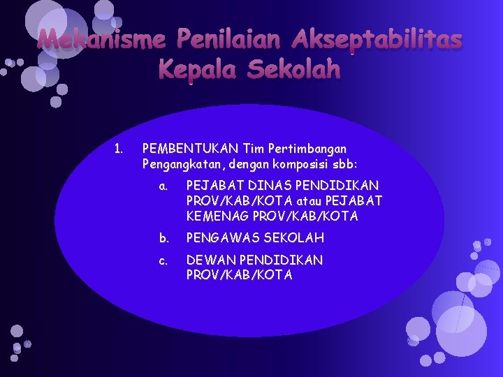 Mekanisme Penilaian Akseptabilitas Kepala Sekolah 1. PEMBENTUKAN Tim Pertimbangan Pengangkatan, dengan komposisi sbb: a.