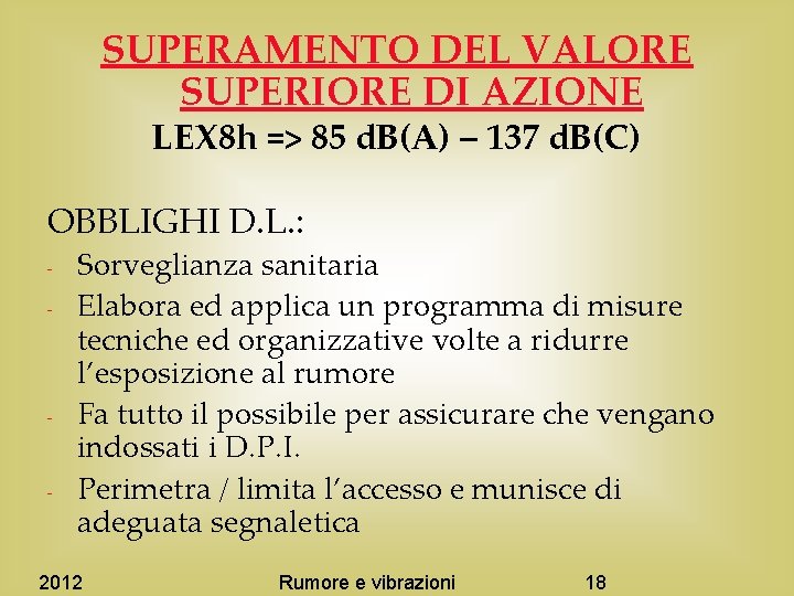 SUPERAMENTO DEL VALORE SUPERIORE DI AZIONE LEX 8 h => 85 d. B(A) –