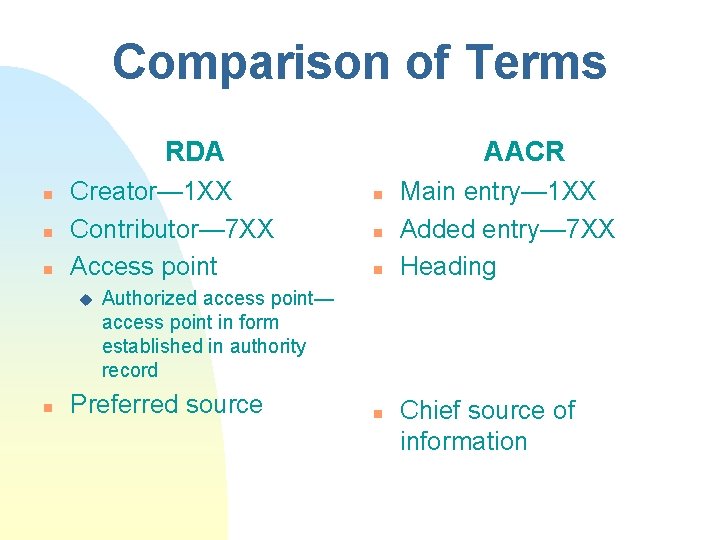Comparison of Terms RDA n n n Creator— 1 XX Contributor— 7 XX Access