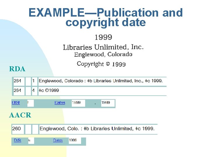 EXAMPLE—Publication and copyright date RDA AACR 