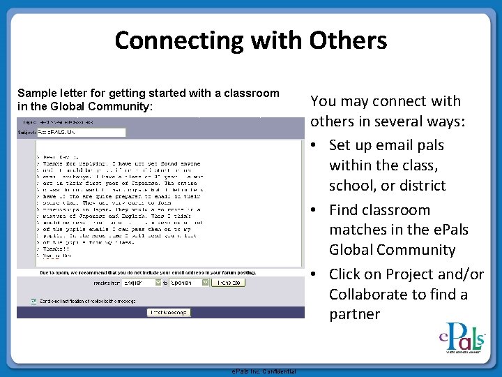 Connecting with Others Sample letter for getting started with a classroom in the Global