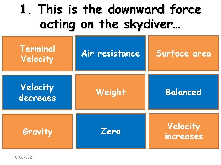 1. This is the downward force acting on the skydiver… Terminal Velocity Air resistance
