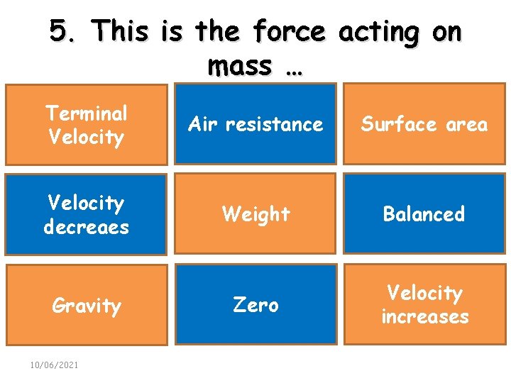 5. This is the force acting on mass … Terminal Velocity Air resistance Surface