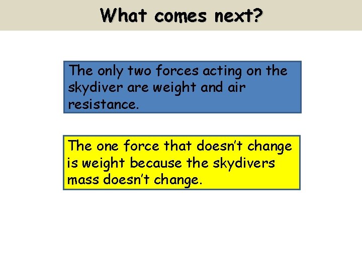 What comes next? The only two forces acting on the skydiver are weight and