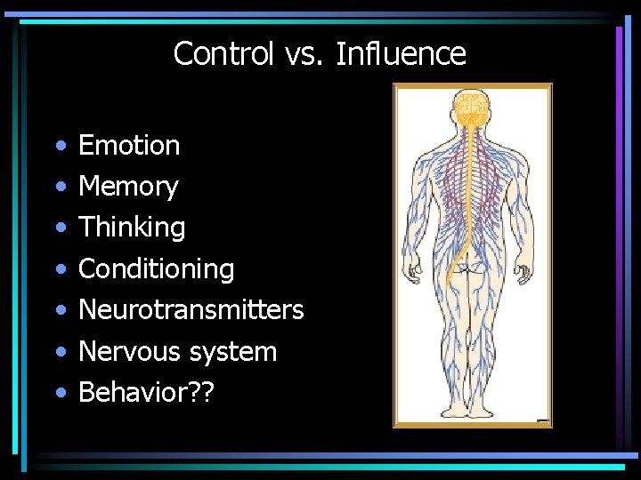 Control vs. Influence • • Emotion Memory Thinking Conditioning Neurotransmitters Nervous system Behavior? ?