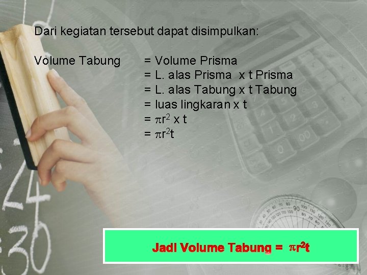 Dari kegiatan tersebut dapat disimpulkan: Volume Tabung = Volume Prisma = L. alas Prisma