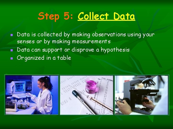 Step 5: Collect Data n n n Data is collected by making observations using Step 5: Collect Data n n n Data is collected by making observations using