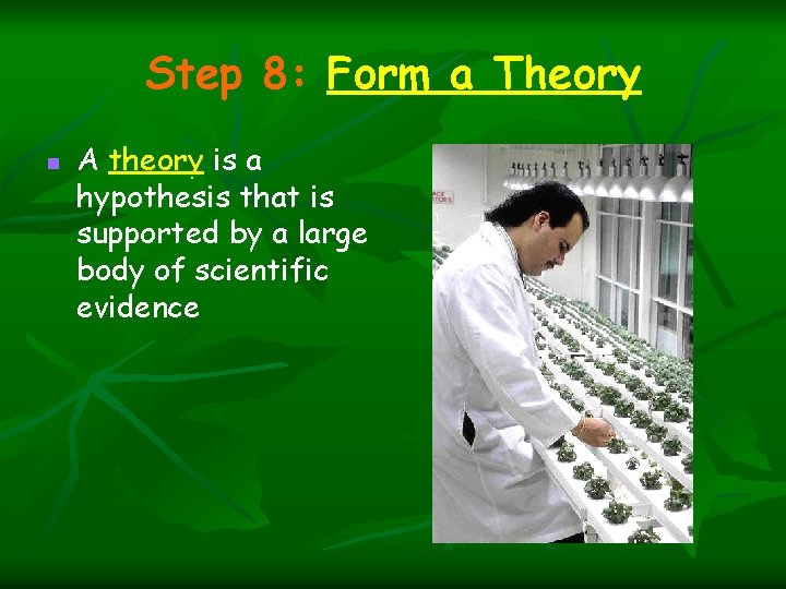 Step 8: Form a Theory n A theory is a hypothesis that is supported Step 8: Form a Theory n A theory is a hypothesis that is supported