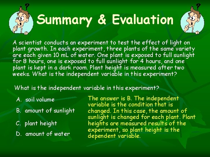 Summary & Evaluation A scientist conducts an experiment to test the effect of light Summary & Evaluation A scientist conducts an experiment to test the effect of light
