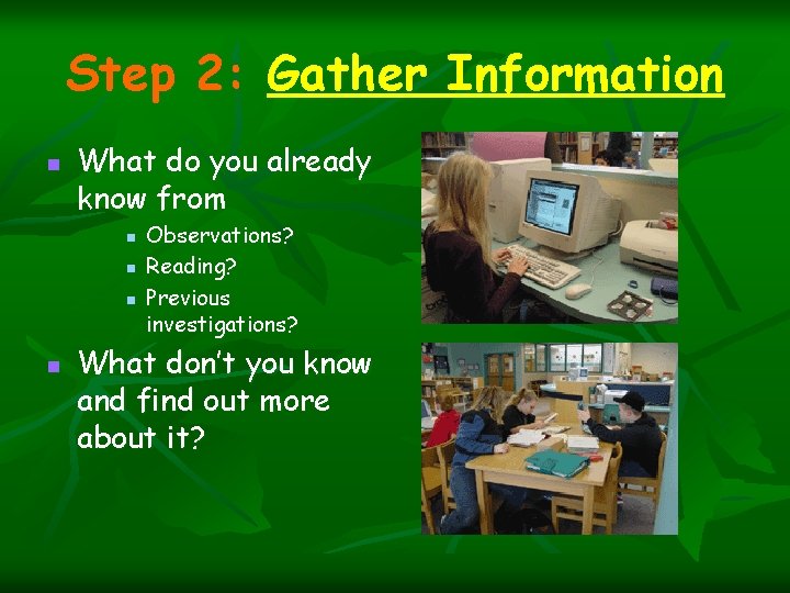 Step 2: Gather Information n What do you already know from n n Observations? Step 2: Gather Information n What do you already know from n n Observations?
