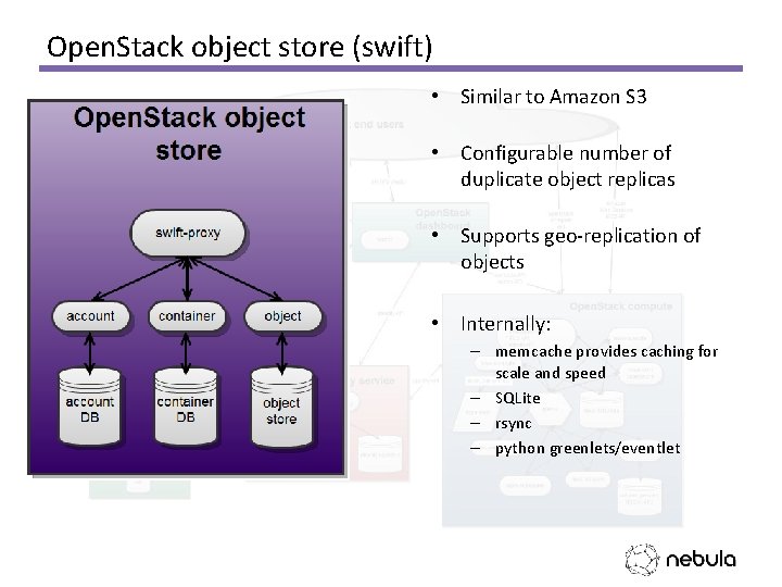 Open. Stack object store (swift) • Similar to Amazon S 3 • Configurable number