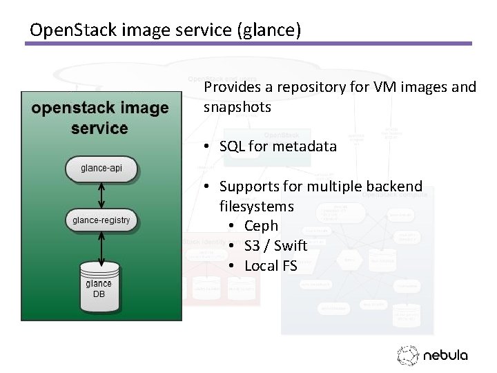 Open. Stack image service (glance) Provides a repository for VM images and snapshots •