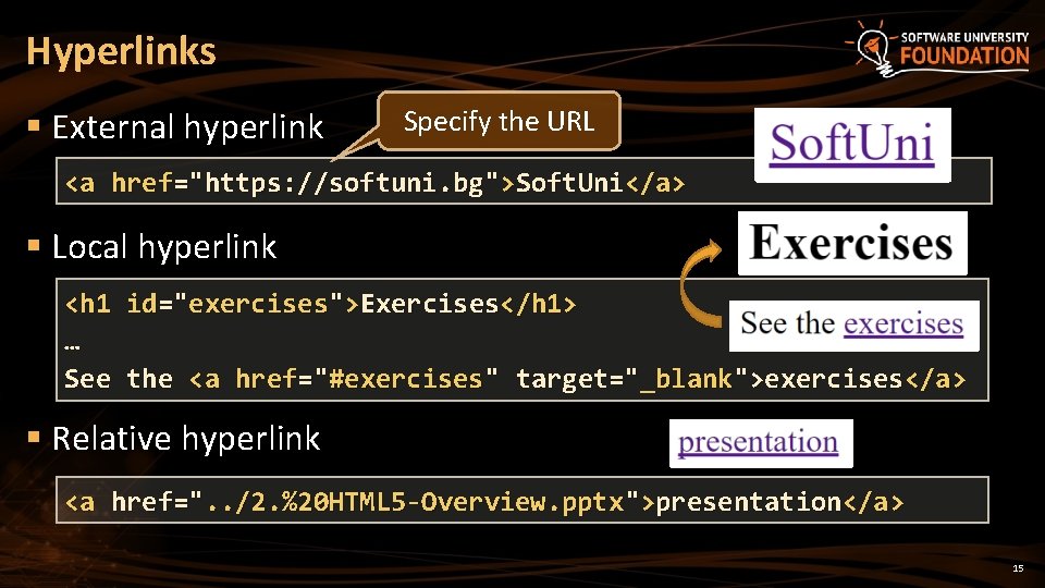 Hyperlinks § External hyperlink Specify the URL <a href="https: //softuni. bg">Soft. Uni</a> § Local